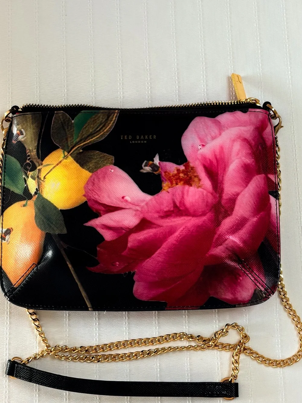 Ted Baker London Black Crossbody with Pink Floral and Yellow Fruit Design